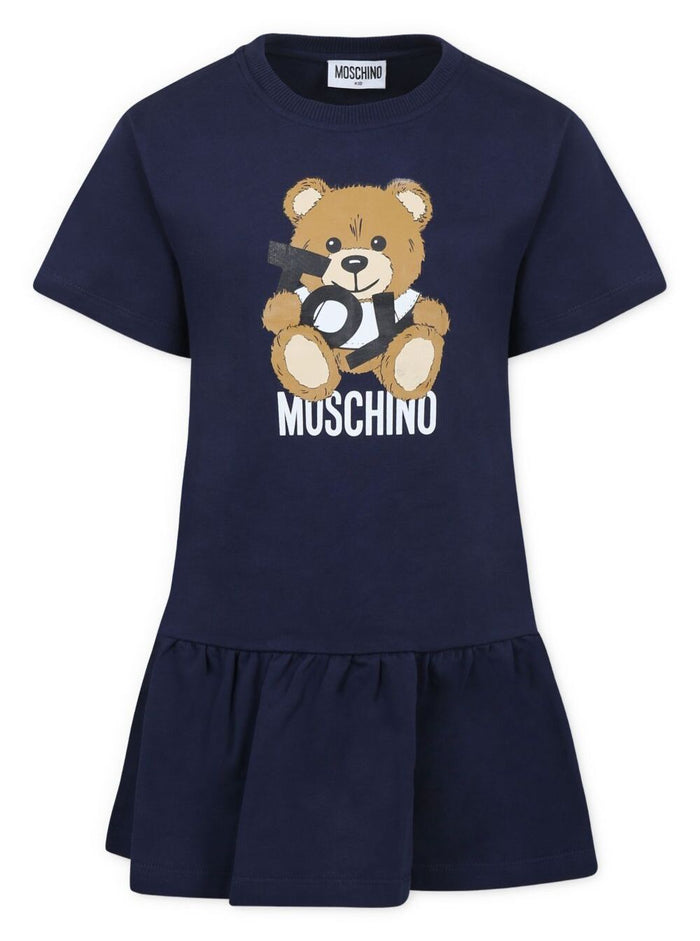 Blue Dress With Flared Skirt And Logo Print On The Front Cotton Girl Blu