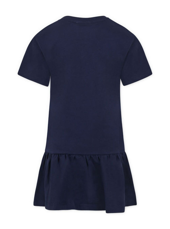 Blue Dress With Flared Skirt And Logo Print On The Front Cotton Girl Blu