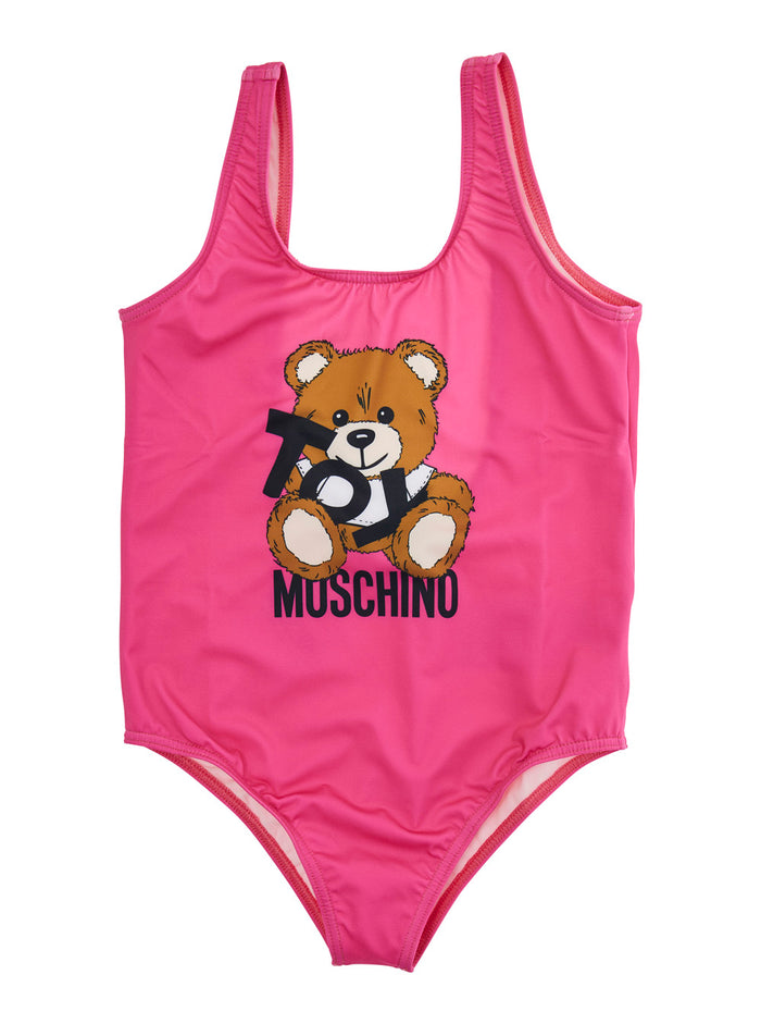 Pink Swimsuit With Teddy Bear Print On The Front Tech Fabric Girl Polyester Elastan Beachwear