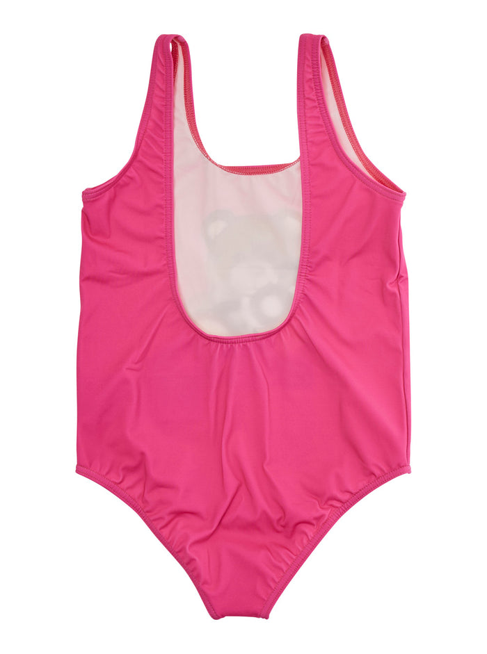 Pink Swimsuit With Teddy Bear Print On The Front Tech Fabric Girl Polyester Elastan Beachwear
