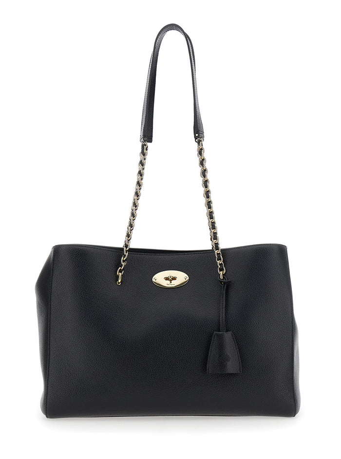 Lily Small Black Shopper With Turn Closure And Chain Handles Grained Leather Woman Calf Tote Bags