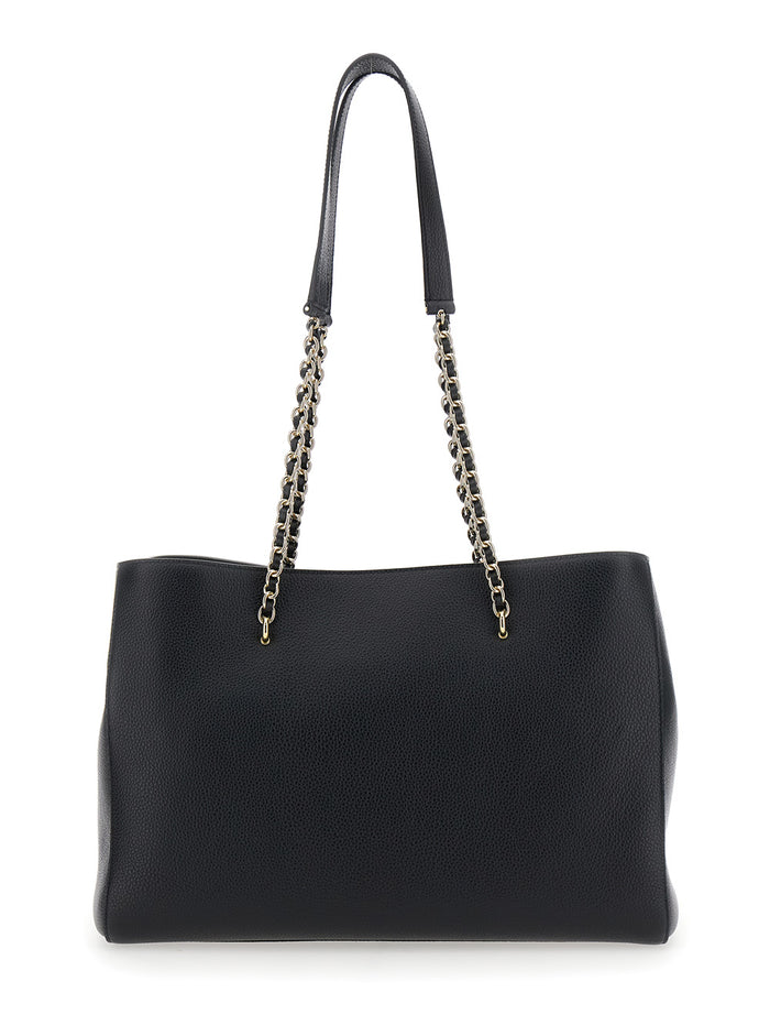 Lily Small Black Shopper With Turn Closure And Chain Handles Grained Leather Woman Calf Tote Bags