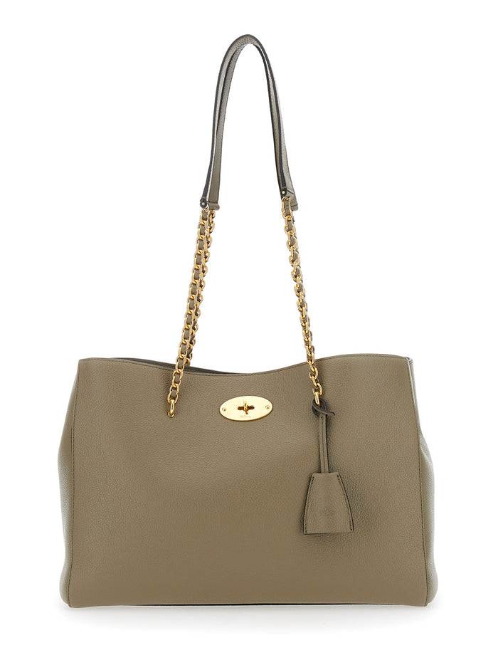 Lily Small Green Shopper With Turn Closure And Chain Handles Grained Leather Woman Calf Tote Bags