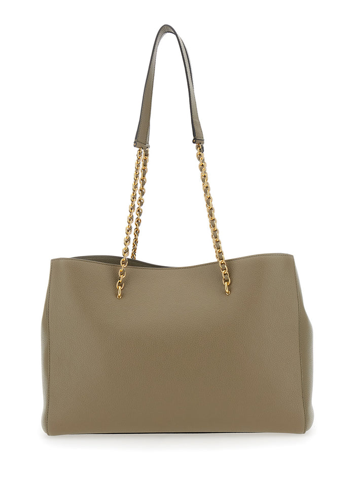 Lily Small Green Shopper With Turn Closure And Chain Handles Grained Leather Woman Calf Tote Bags