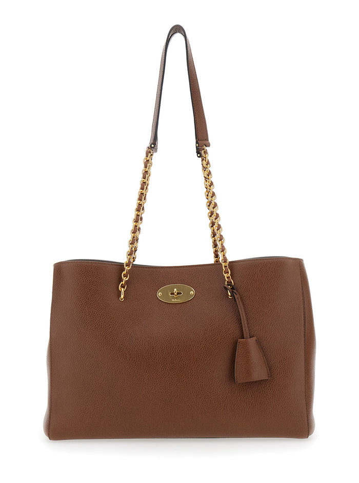Lily Small Brown Shopper With Turn Closure And Chain Handles Grained Leather Woman Calf Tote Bags