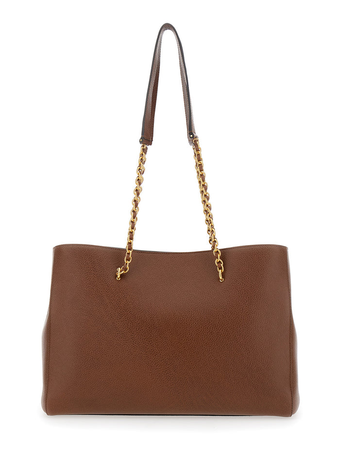 Lily Small Brown Shopper With Turn Closure And Chain Handles Grained Leather Woman Calf Tote Bags