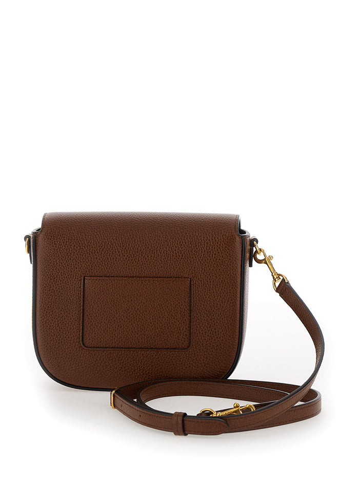 Small Darley Brown Crossbody Bag With Engraved Logo Hammered Leather Woman Beige Calf