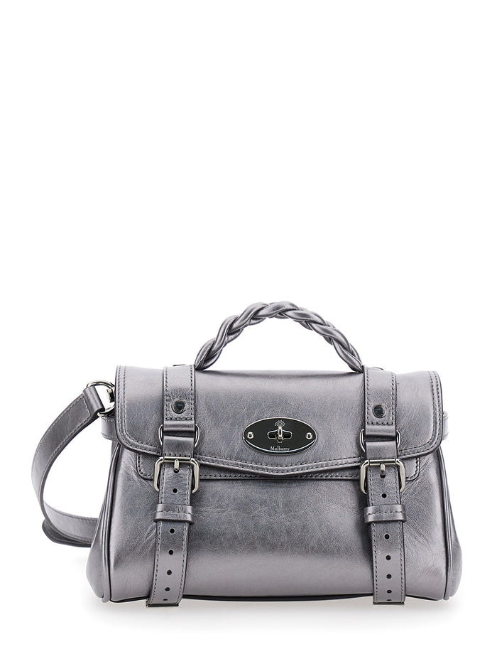 Alexa Mini Silver Colored Handbag With Braided Handle And Adjustable Shoulder Strap Leather Woman Metallic Calf Hand Bags