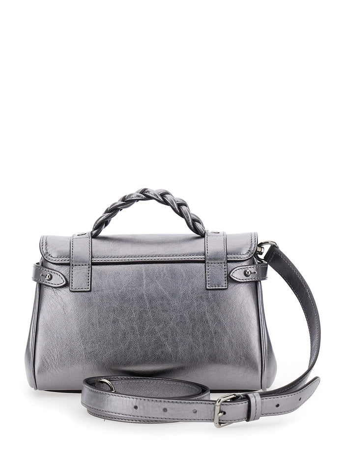 Alexa Mini Silver Colored Handbag With Braided Handle And Adjustable Shoulder Strap Leather Woman Metallic Calf Hand Bags