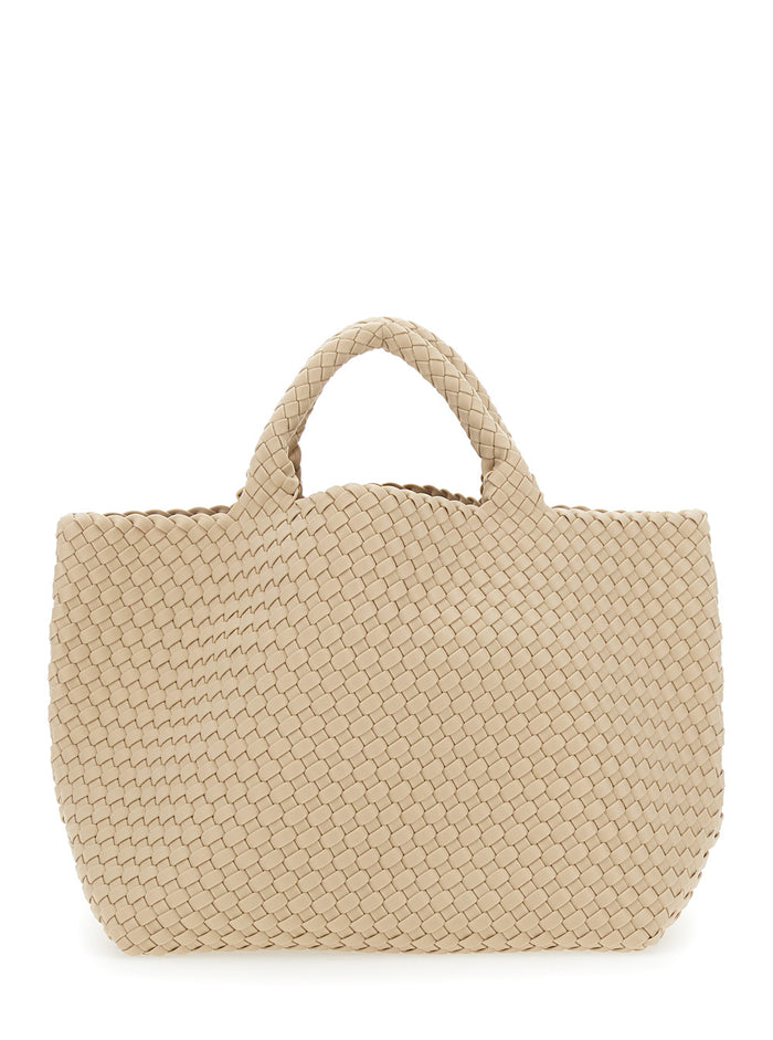 St Barths Medium Beigehandbag With Woven Design Fabric Woman Beige Handwoven Neoprene Hand Bags