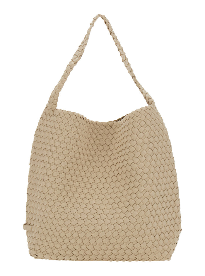 Nomad Hobo Beige Shoulder Bag With Woven Design Fabric And Leather Woman Handwoven Neoprene