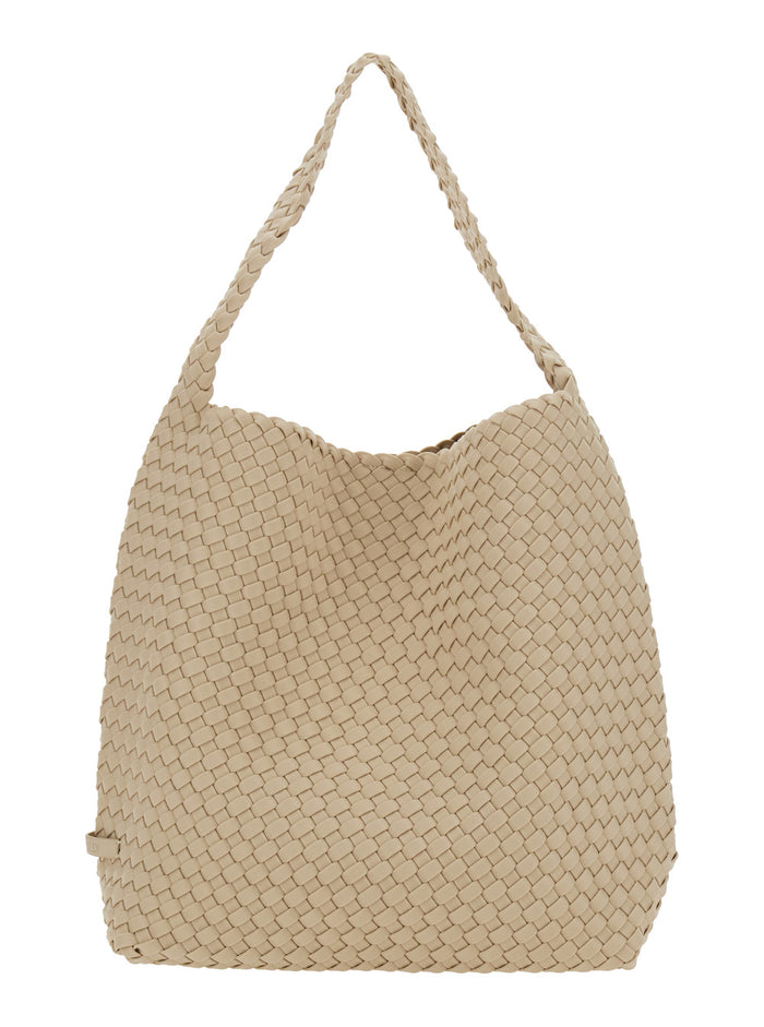 Nomad Hobo Beige Shoulder Bag With Woven Design Fabric And Leather Woman Handwoven Neoprene