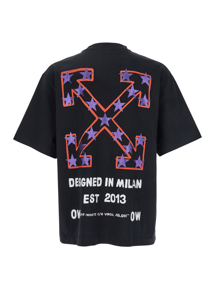 Star Arrow Black T-Shirt With Maxi Logo Printed On The Back Cotton Man Tshirts And Polo Shirts