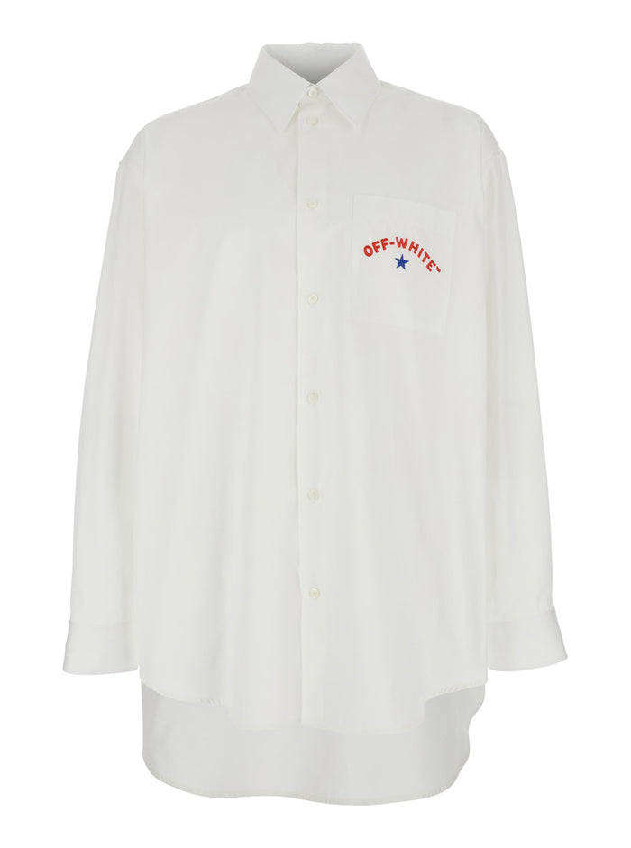 Star Arrow White Shirt With Logo Detail On The Front And Maxi Print Rear Cotton Man Blouses