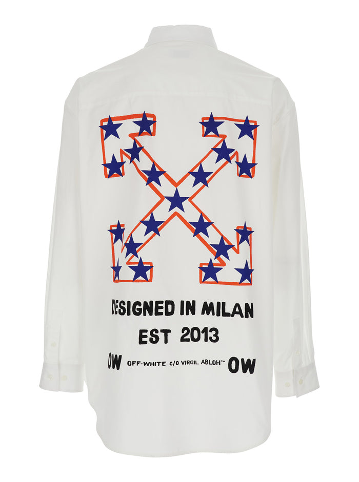 Star Arrow White Shirt With Logo Detail On The Front And Maxi Print Rear Cotton Man Blouses