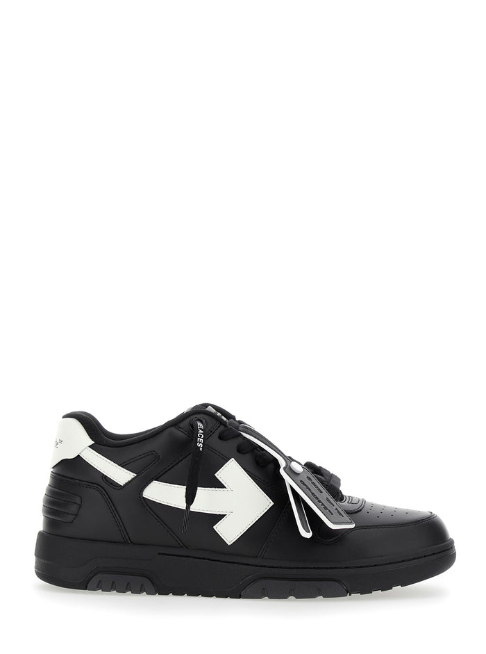 Out Of Office Black Low Top Sneakers With Arrow Marker Dial And Logo Patch On The Tongue Leather Man
