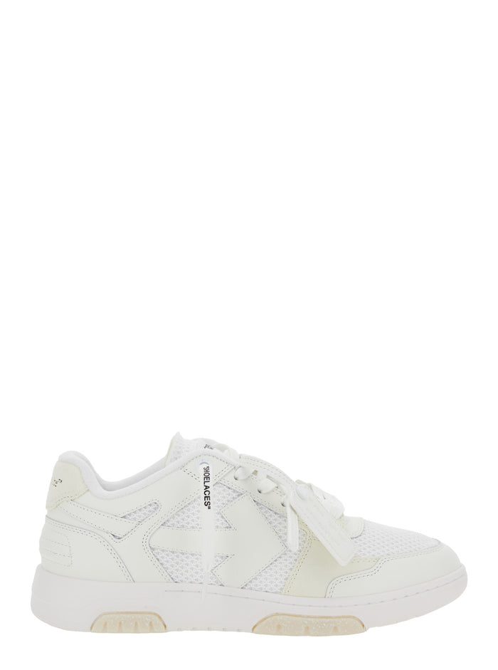 Out Of Office White Low Sneakers With Arrow Motif And Zip-Tie Tag Fabric Leather Man Calf Polyester