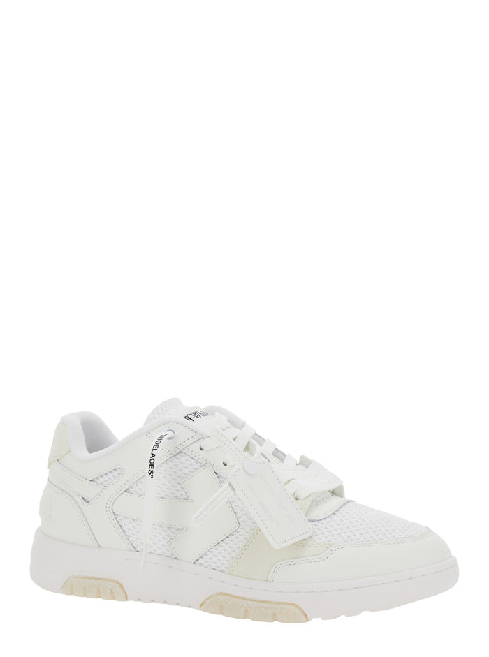 Out Of Office White Low Sneakers With Arrow Motif And Zip-Tie Tag Fabric Leather Man Calf Polyester