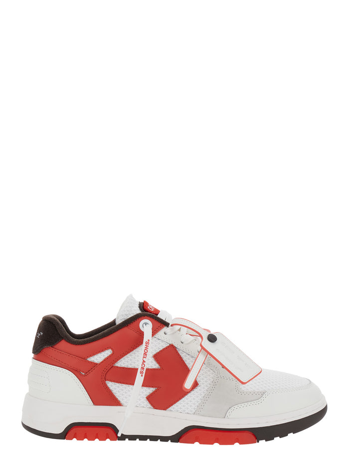 Out Of Office Red Low Sneakers With Arrow Motif And Zip-Tie Tag Fabric Leather Man Calf Polyester