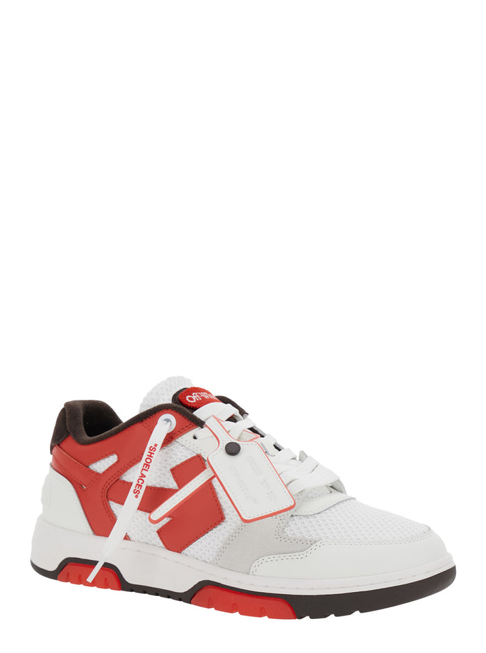 Out Of Office Red Low Sneakers With Arrow Motif And Zip-Tie Tag Fabric Leather Man Calf Polyester
