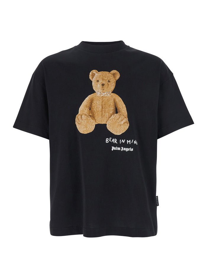 Bear Mind Blackt-Shirt With Print And Logo Lettering On The Front Cotton Man Black Tshirts Polo Shirts