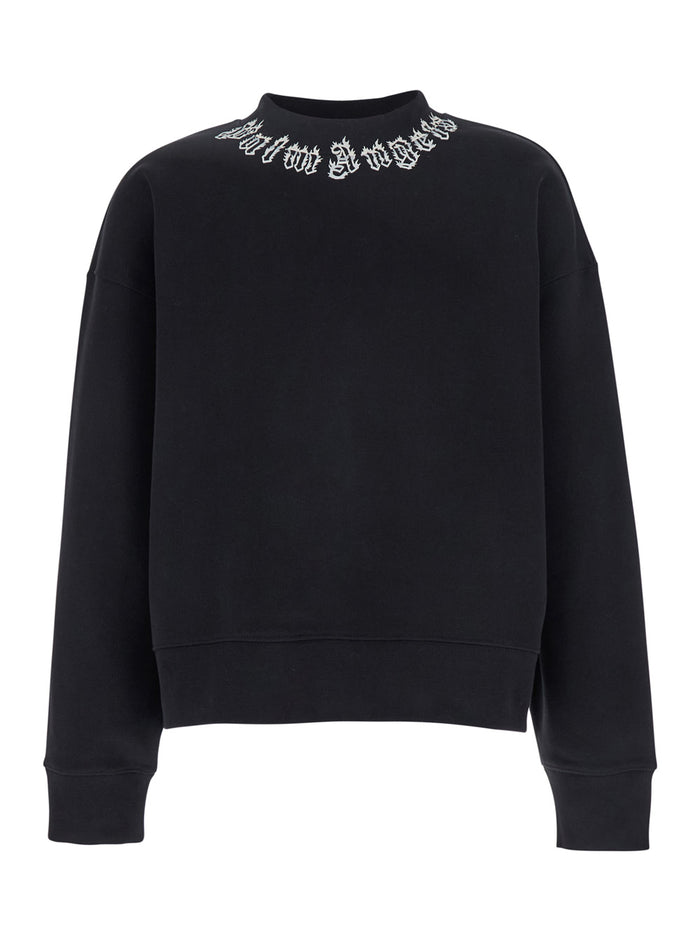 Black Crewneck Sweatshirt With Logo Lettering On The Neck Cotton Man Sweatshirts