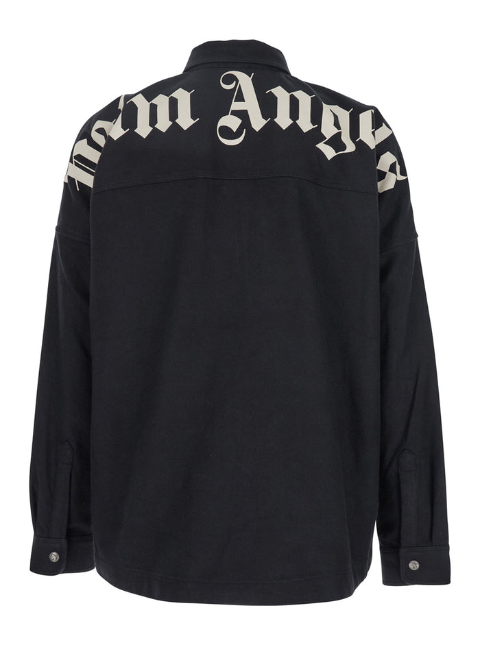 Black Oversized Shirt With Logo Printed On The Back Cotton Man And Blouses