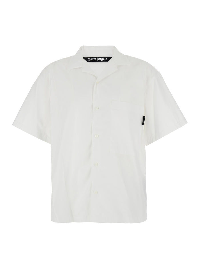 White Bowling Shirt With Cuban Collar And Maxi Logo Print On The Rear Cotton Man Blouses