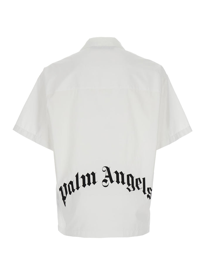 White Bowling Shirt With Cuban Collar And Maxi Logo Print On The Rear Cotton Man Blouses