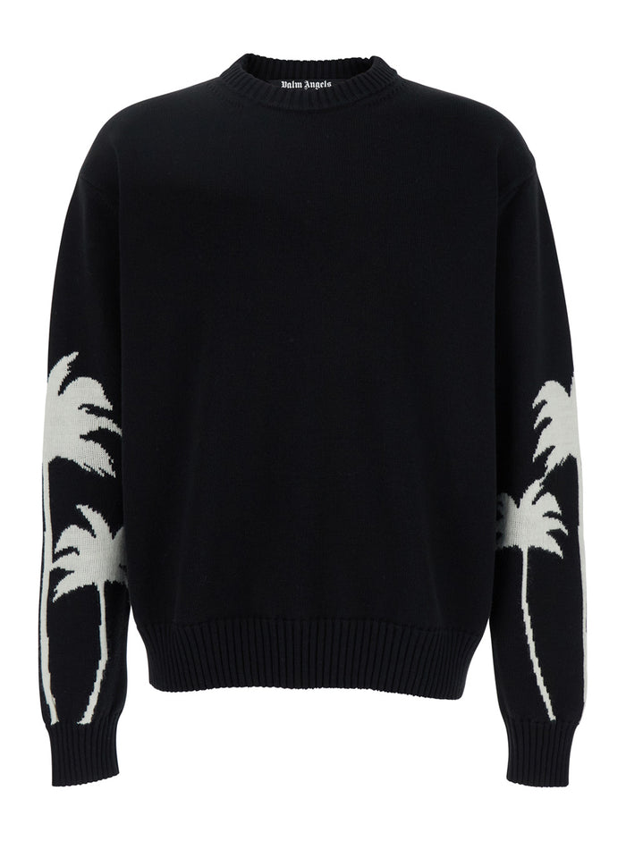 Black Sweater With Palms Motifs Cotton And Wool Blend Man Merino Jersey