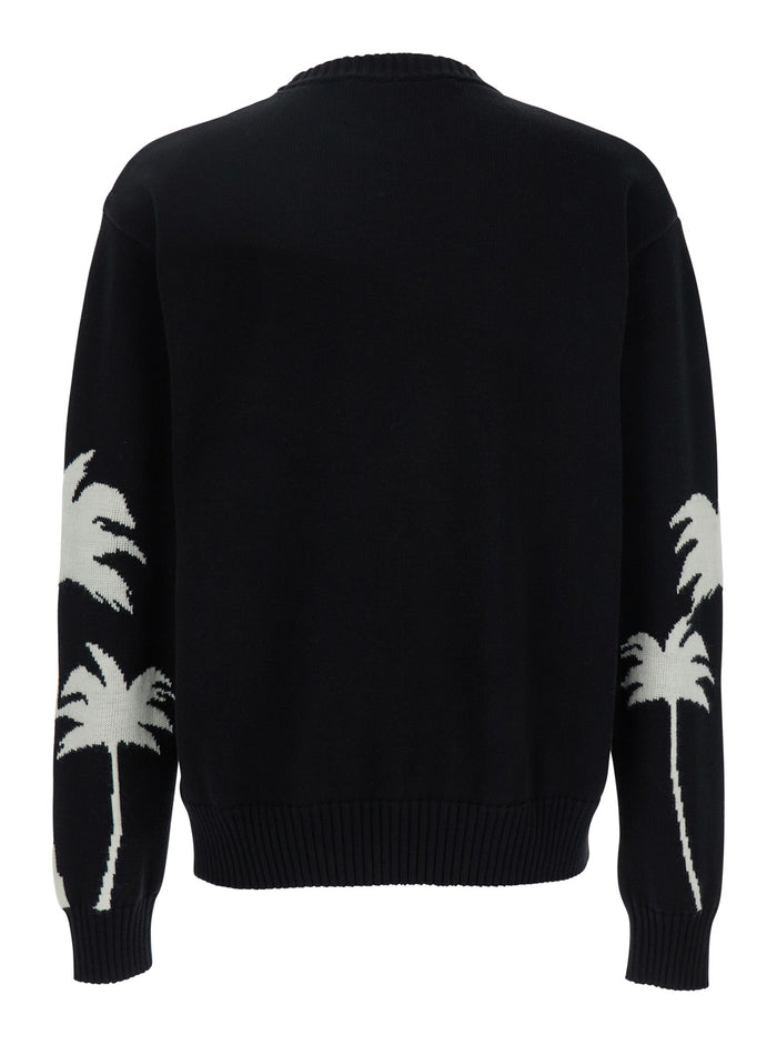 Black Sweater With Palms Motifs Cotton And Wool Blend Man Merino Jersey
