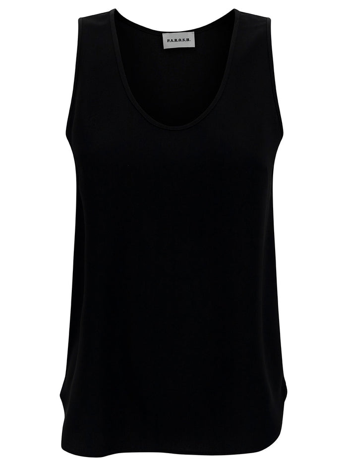Black Tank Top with Plunging U Neckline in Polyamide Woman Tops