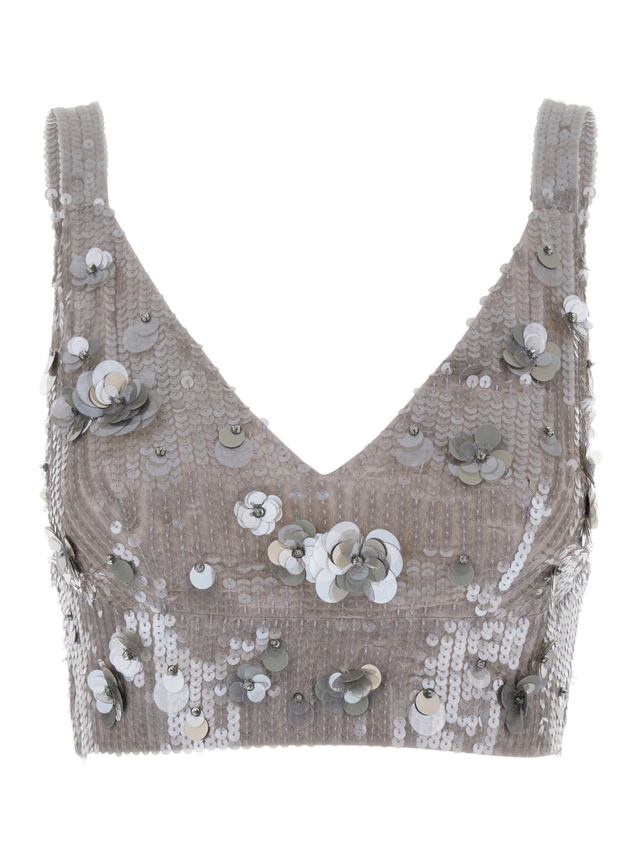 Grey Sleeveless Crop Top With Sequins Sequined Fabric