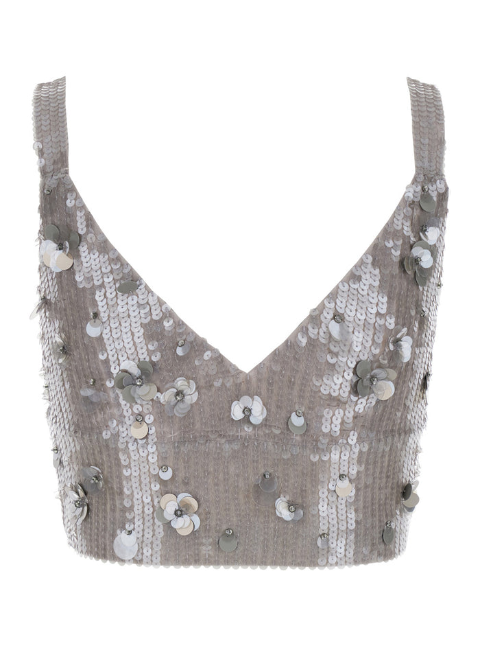 Grey Sleeveless Crop Top with Straps in Sequined Fabric Woman Tops