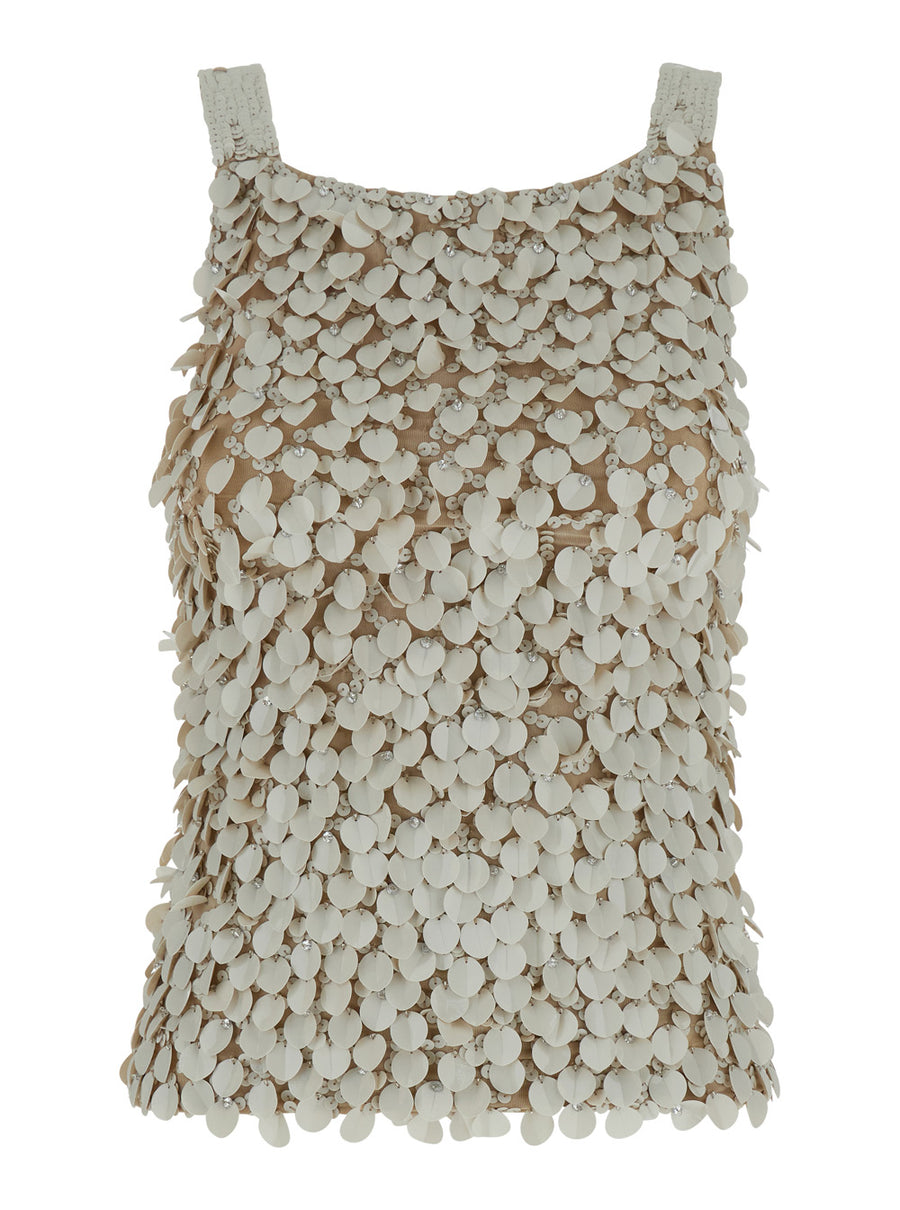 Beige Rhinestoned Sleeveless Top Stretch Fabric Polyamide Tops