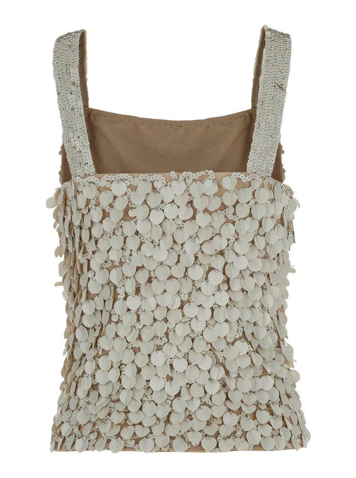 Beige Sleeveless Rhinestoned Top in Tech Fabric Stretch Woman Polyamide Elastane Tops