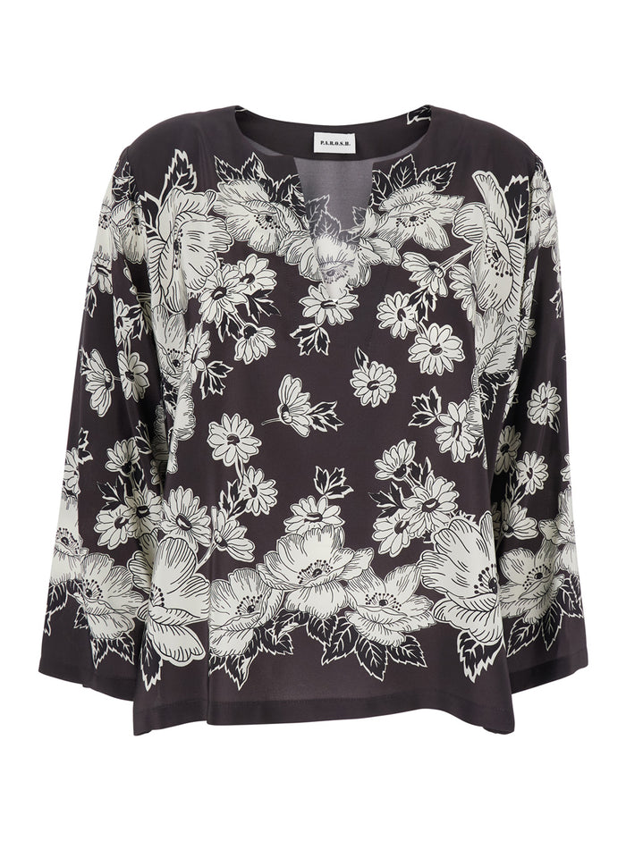 White and Black Blouse with V-neck All-Over Floral Pattern in Silk Woman Brown Shirts Blouses