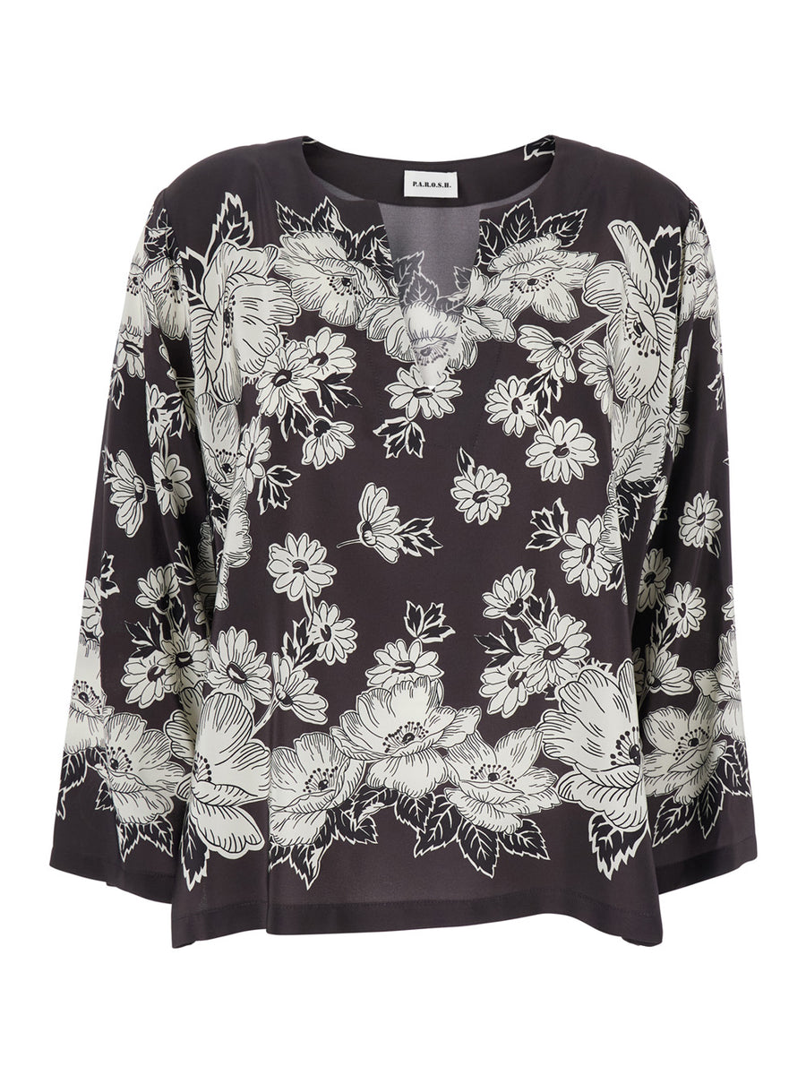 White And Black Floral Silk Blouse Blouses