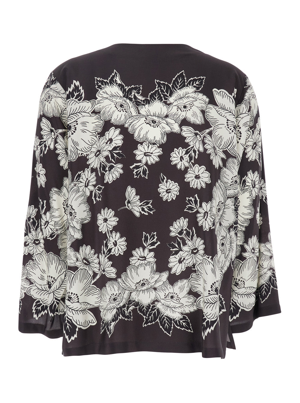 White and Black Blouse with V-neck All-Over Floral Pattern in Silk Woman Brown Shirts Blouses