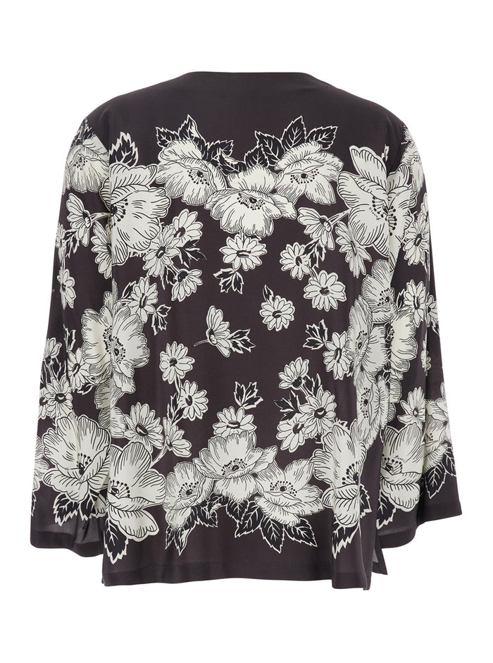 White and Black Blouse with V-neck All-Over Floral Pattern in Silk Woman Brown Shirts Blouses