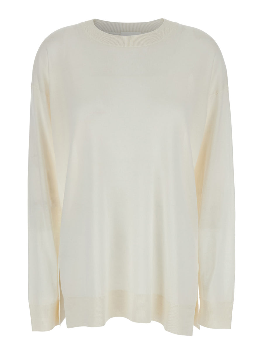 White Long-Sleeved Crewneck Sweater Wool Tops