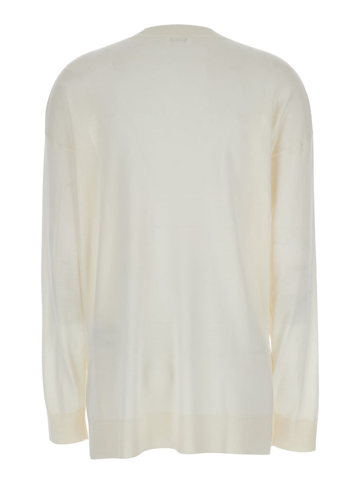 White Long-Sleeved Crewneck Sweater in Wool and Silk Blend Woman Cashmere Jersey