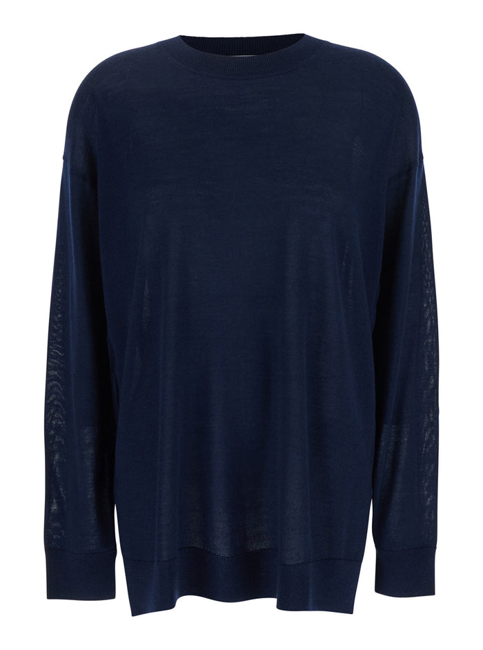 Blue Long-Sleeved Crewneck Sweater in Wool and Silk Blend Woman Blu Cashmere Jersey