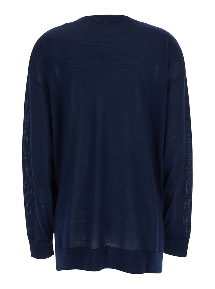 Blue Long-Sleeved Crewneck Sweater in Wool and Silk Blend Woman Blu Cashmere Jersey