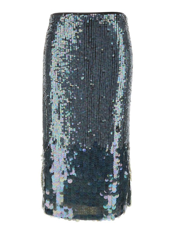 Midi Grey Skirt With Sequins Metallic Polyamide