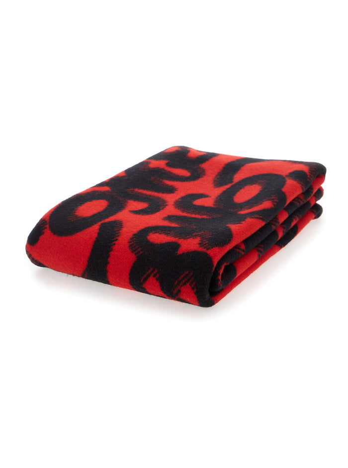 Red Blanket with Logo Patch and Zig Zag Print Design in Wool Cashmere Blend Woman Kashmir Blankets