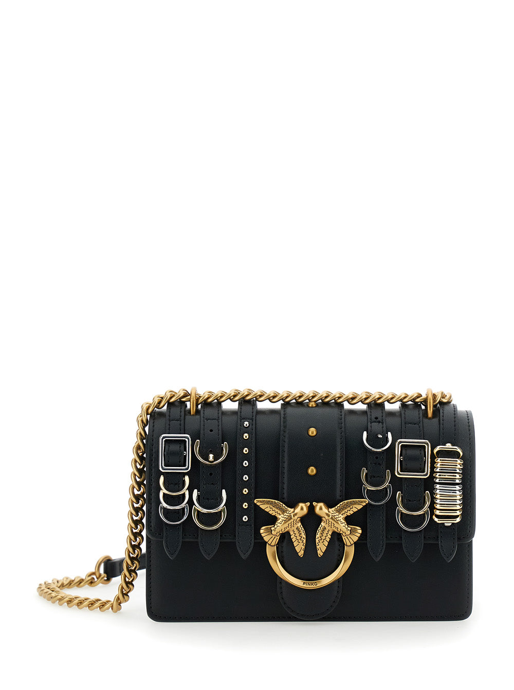 Love One Mini Light Black Crossbody Bag With Birds Diamond Cut Buckle On The Front And Straps Leather Woman Goat
