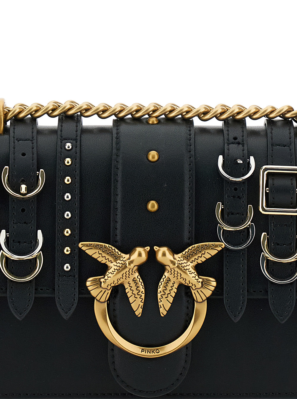 Love One Mini Light Black Crossbody Bag With Birds Diamond Cut Buckle On The Front And Straps Leather Woman Goat