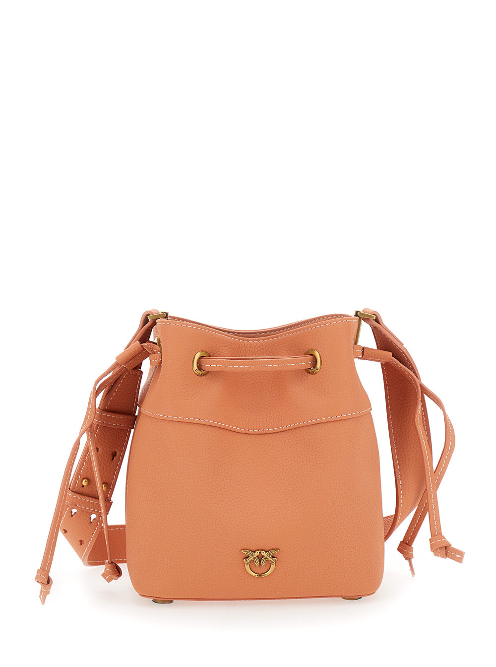 Orange Mini Bucket Bag With Metallic Love Birds Logo On The Front Hammered Leather Woman Goat Crossbody