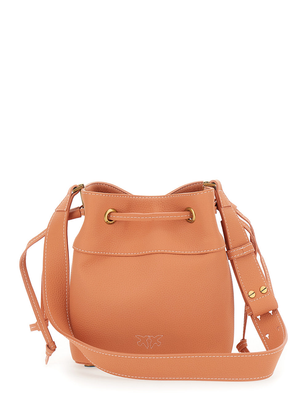 Orange Mini Bucket Bag With Metallic Love Birds Logo On The Front Hammered Leather Woman Goat Crossbody